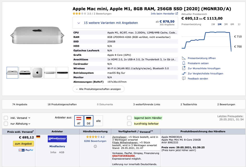 Preisverlauf des Apple Mac Minis mit 8GB RAM und 256GB SSD auf geizhals.at