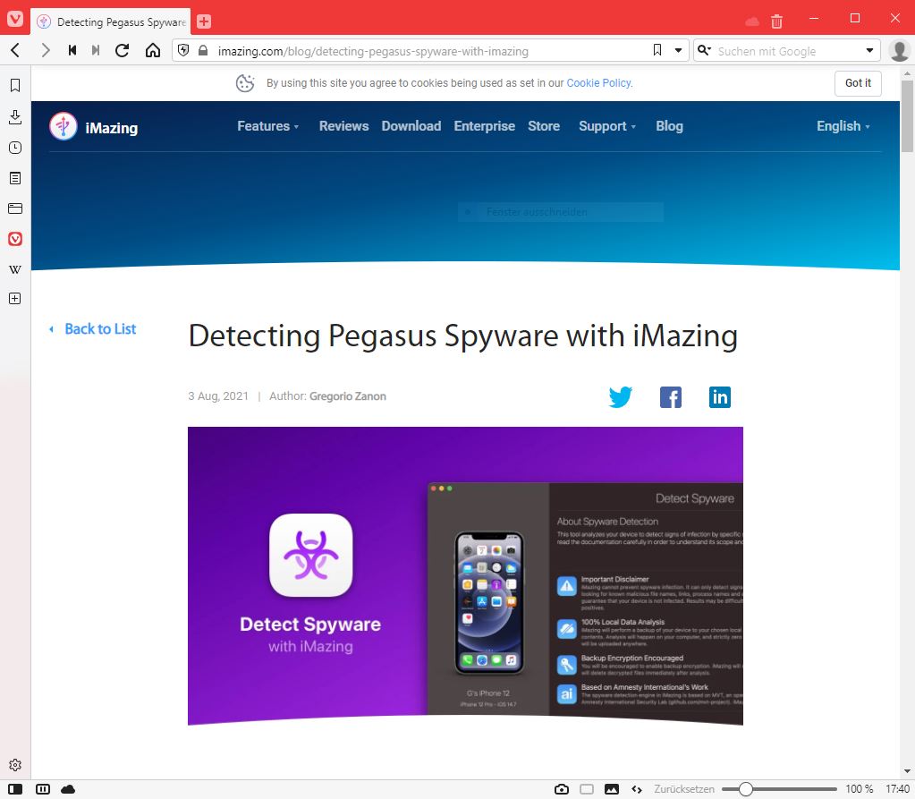 Screenshot der Webseite von iMazing in Vivaldi - Detecting Pegasus Spyware with iMazing