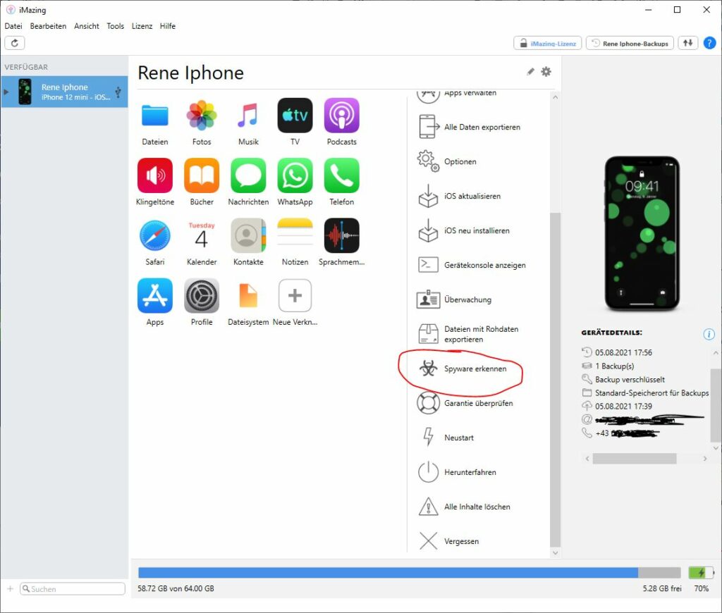 Option 'Spyware erkennen' in der Software iMazing mit Gerätedetails und aufgelisteten Apps, die sich auf dem iPhone befinden