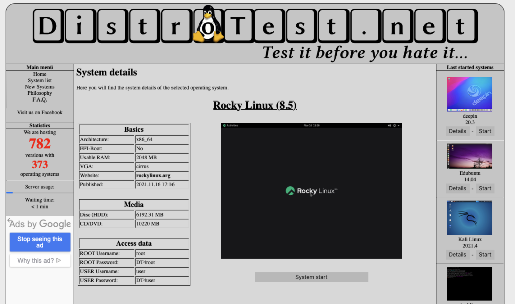 Webseite Distrotest.net mit System Details von Rocky Linux