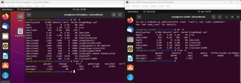 Vergleich zwischen Ubuntu 22.04 und 20.04 nebeneinander