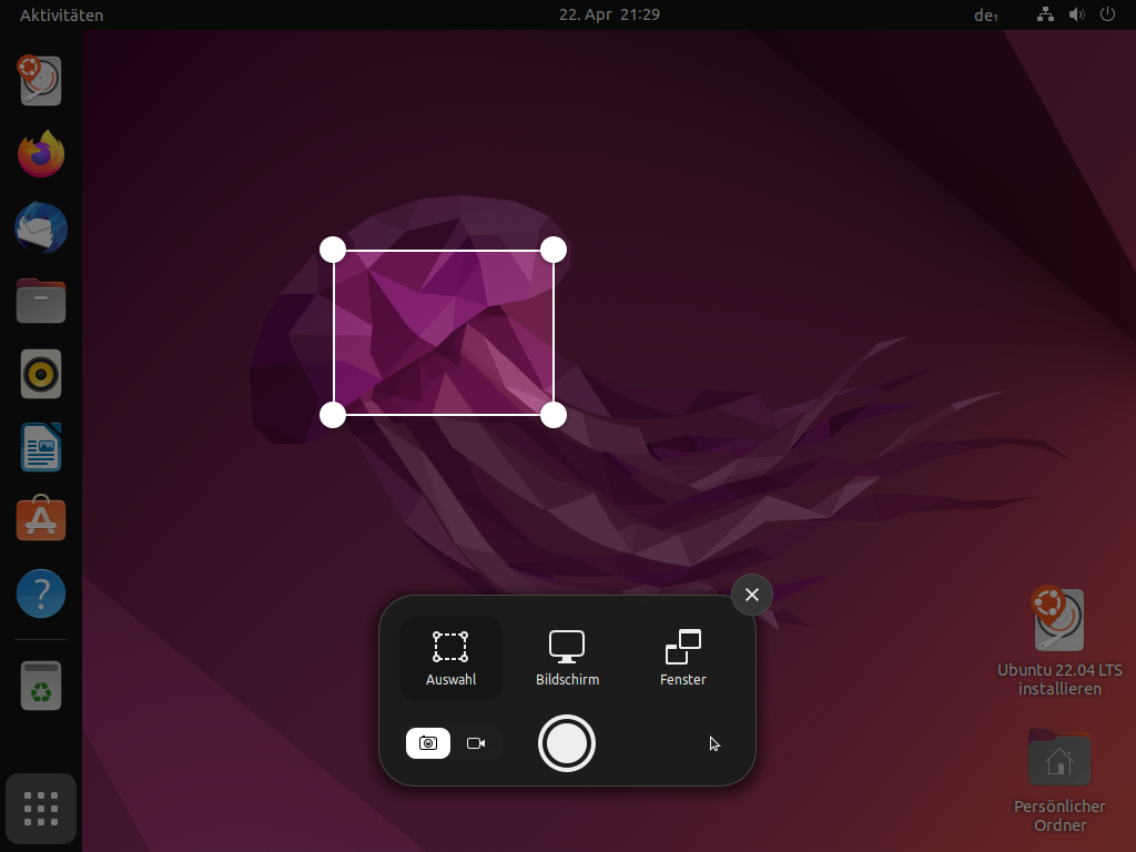 Screenshot machen in Ubuntu 22.04 LTS Jammy Jellyfish
