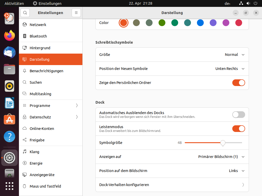 Einstellungen für Darstellungen (Dock ausblenden) in Ubuntu 22.04 LTS Jammy Jellyfish