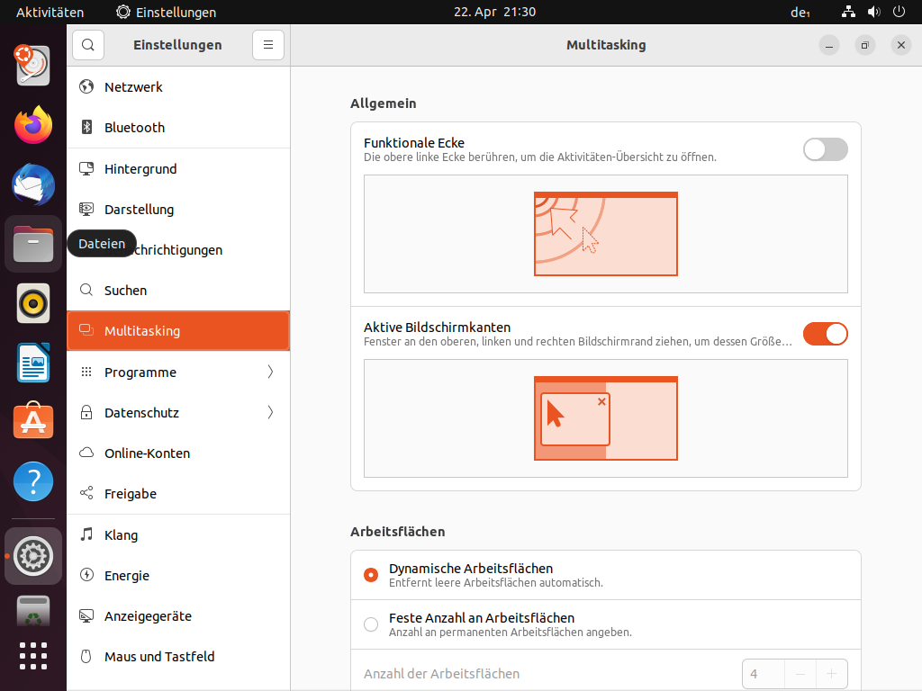 Multitasking-Einstellungen in Ubuntu 22.04 LTS Jammy Jellyfish