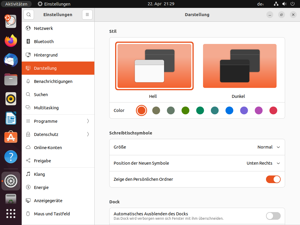 Einstellungen für Darstellung (Hell vs. Dunkel) in Ubuntu 22.04 LTS Jammy Jellyfish