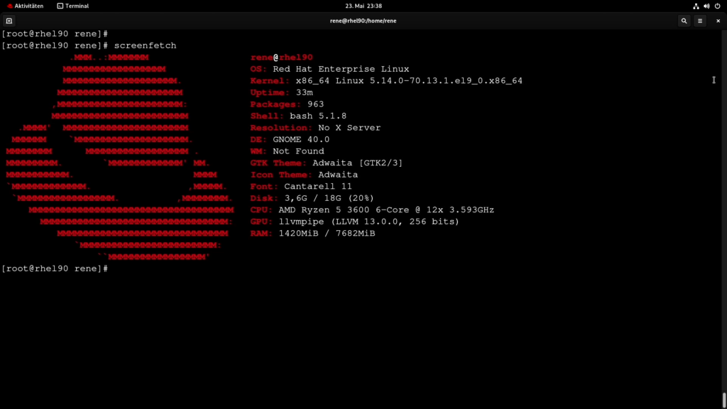 Befehlsausgabe von neofetch im Linux-Terminal unter Red Hat Enteprise 9
