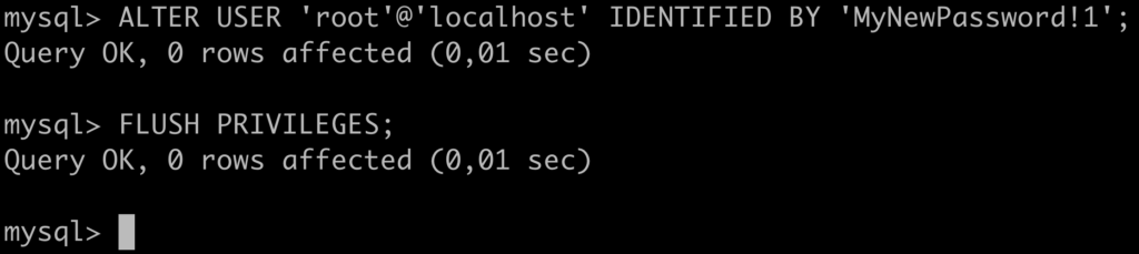 Befehlsausgabe der Passwortänderung auf einem MySQL-Server im Linux-Terminal