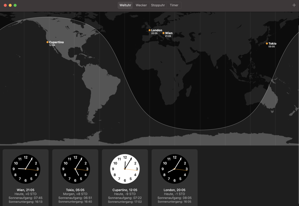 Uhr-App mit verschiedenen Zeitzonen in macOS Ventura