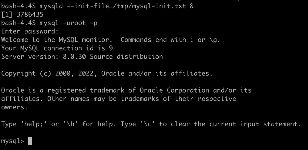 Befehlsausgabe der Initialisierung auf einem MySQL-Server im Linux-Terminal