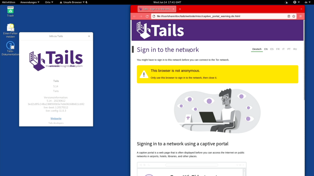 Oberfläche von Tails mit Infos zu Tails und Netzwerk-Login-Fenster mit dem Hinweis: This browser is not anonymous