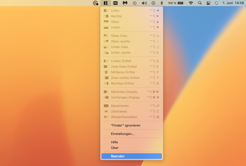 Beenden-Option im Menü der jeweilig geöffneten App unter macOS