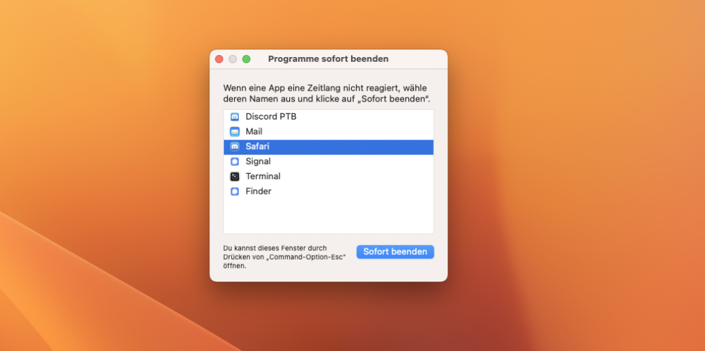Fenster 'Programme sofort beenden' unter macOS mit Auflistung an Apps, die beendet werden können