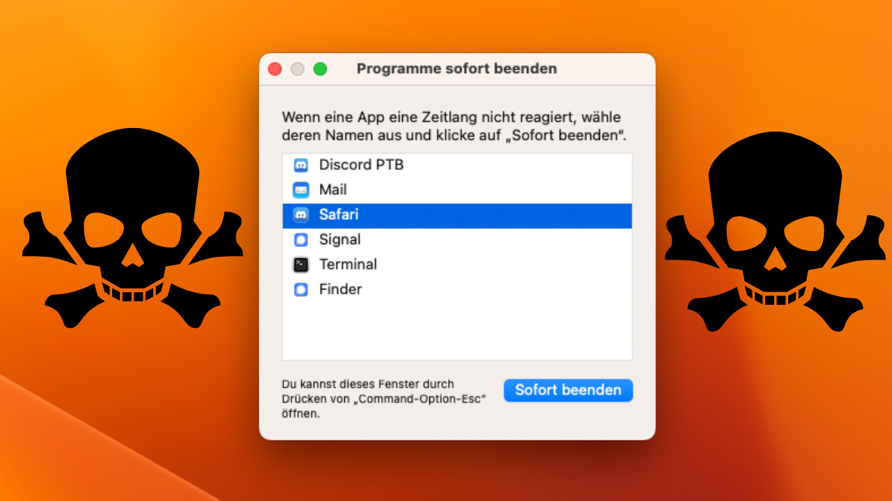 Fenster 'Programme sofort beenden' unter macOS mit Auflistung an Apps, die beendet werden können und Totenköpfen als Symbol für sofortiges Beenden