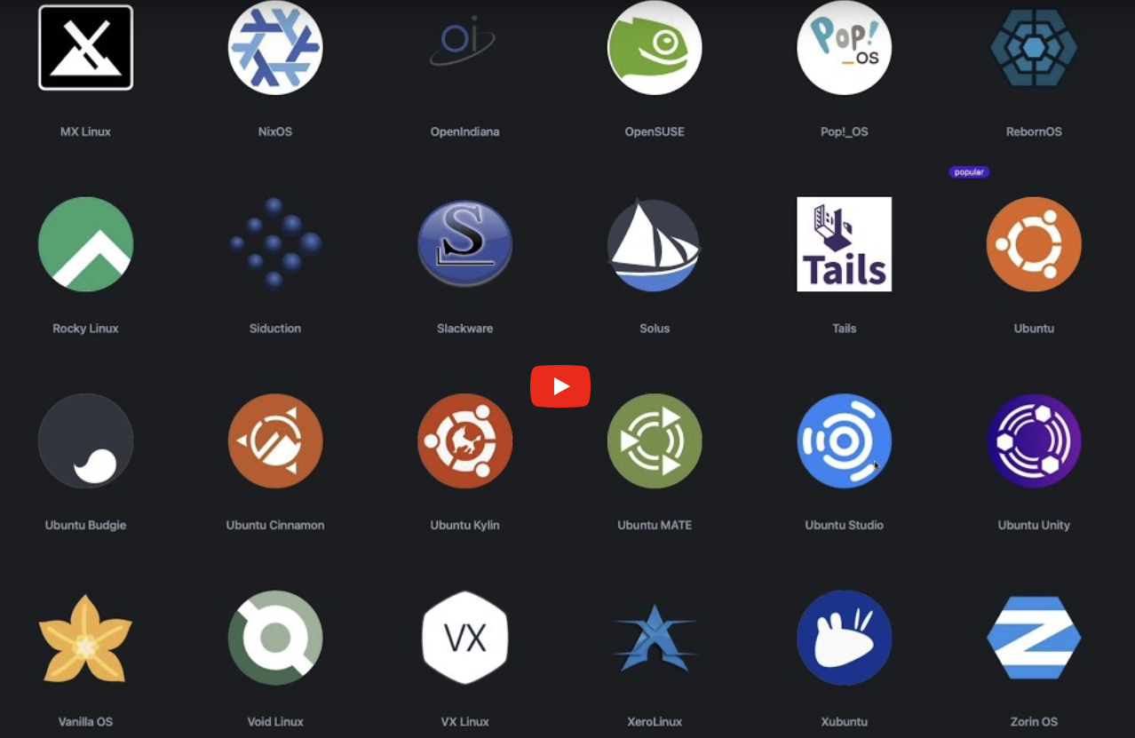Youtube-Vorschaubild des Videos '400+ Linux-Distributionen im Webbrowser kennenlernen' mit Logos von verschiedenen Linux-Distributionen